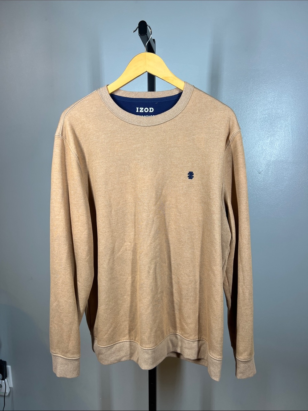 Izod Men's Crewneck Sweater in Tan with Navy Logo